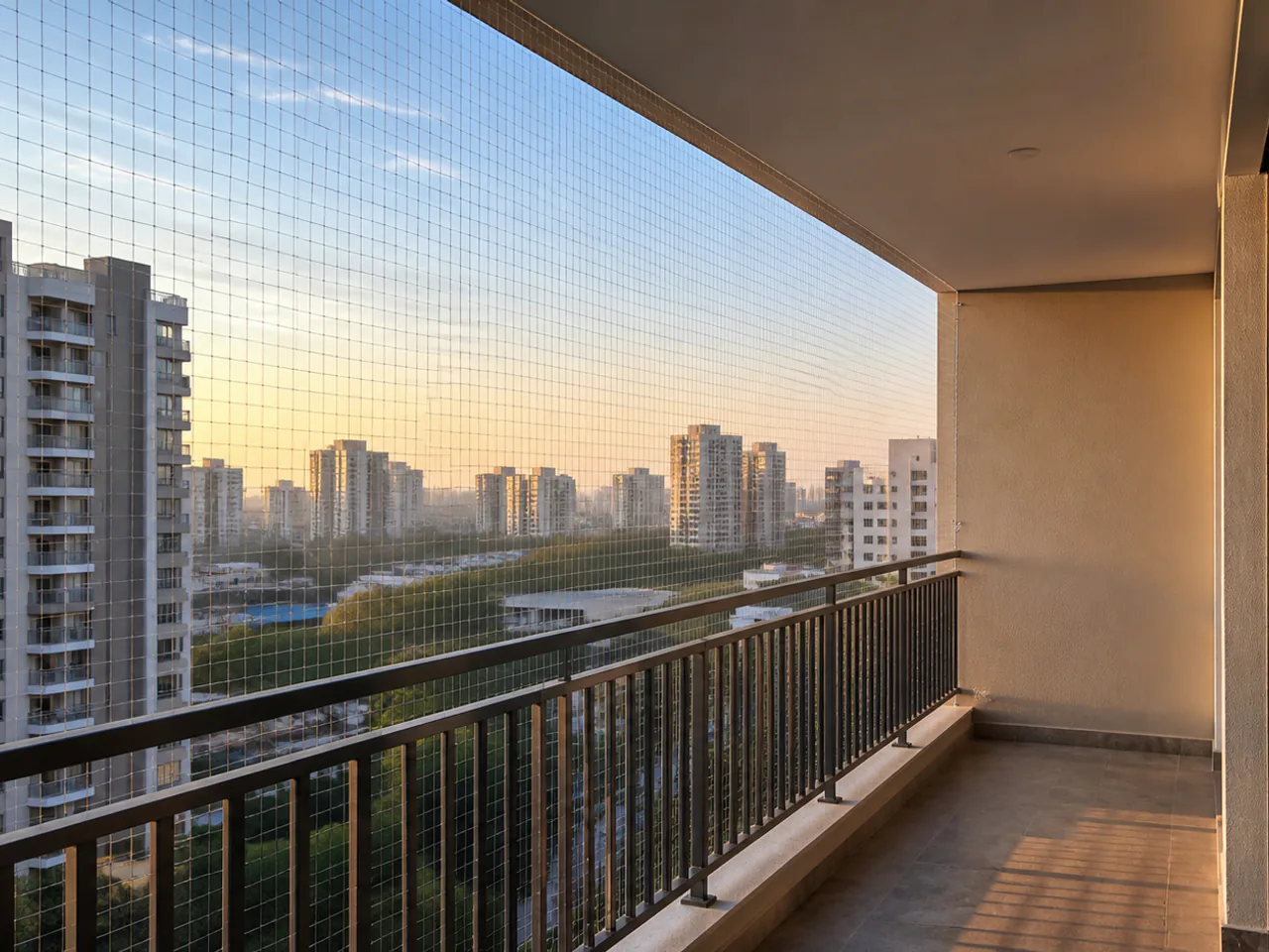Sunlit apartment balcony enclosed with fine safety netting