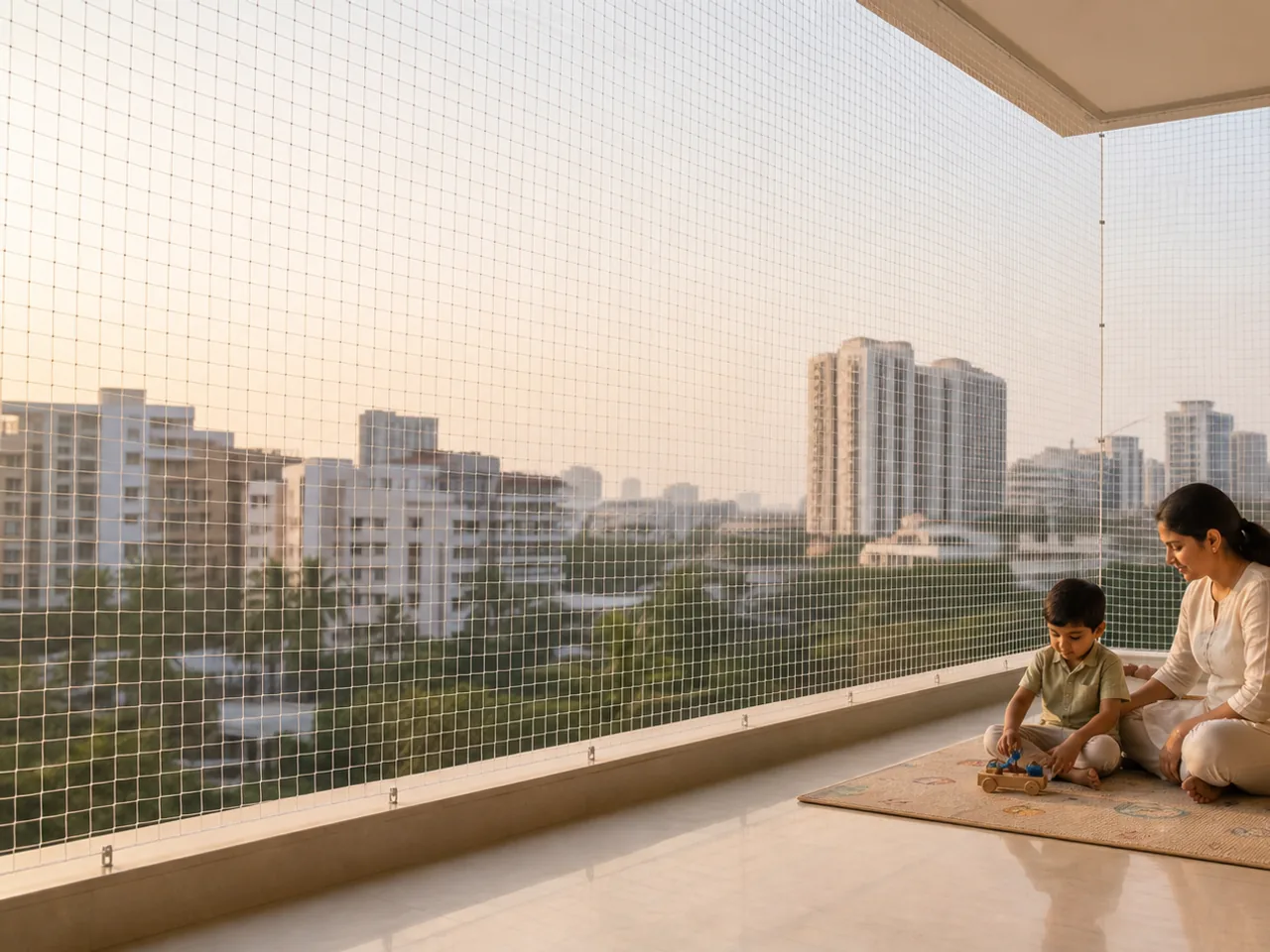 Parent and child beside a netted balcony in a family safety guide for Sarjapur