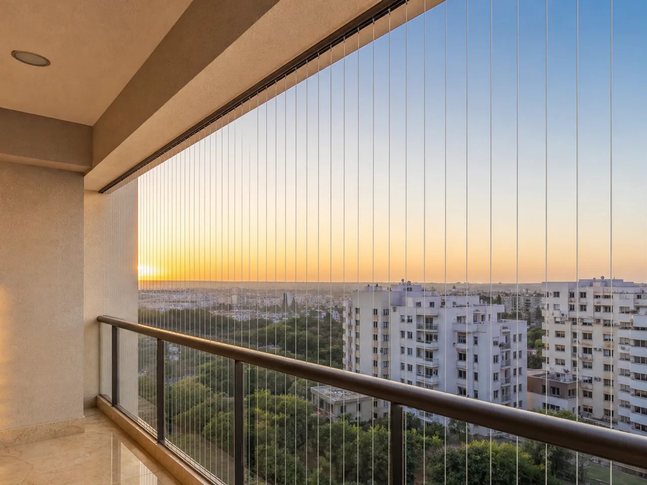 Slim vertical safety cables across a balcony in an invisible grill guide for Marathahalli