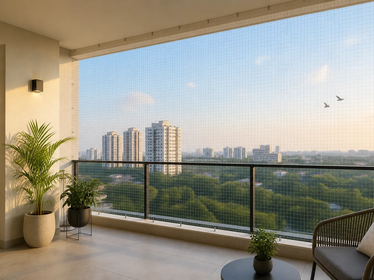 Fine pigeon exclusion net across a clean apartment balcony in a BTM Layout guide
