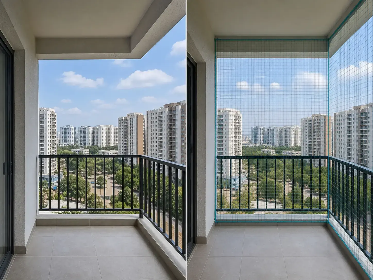 Balcony safety net before and after installation in Devanahalli