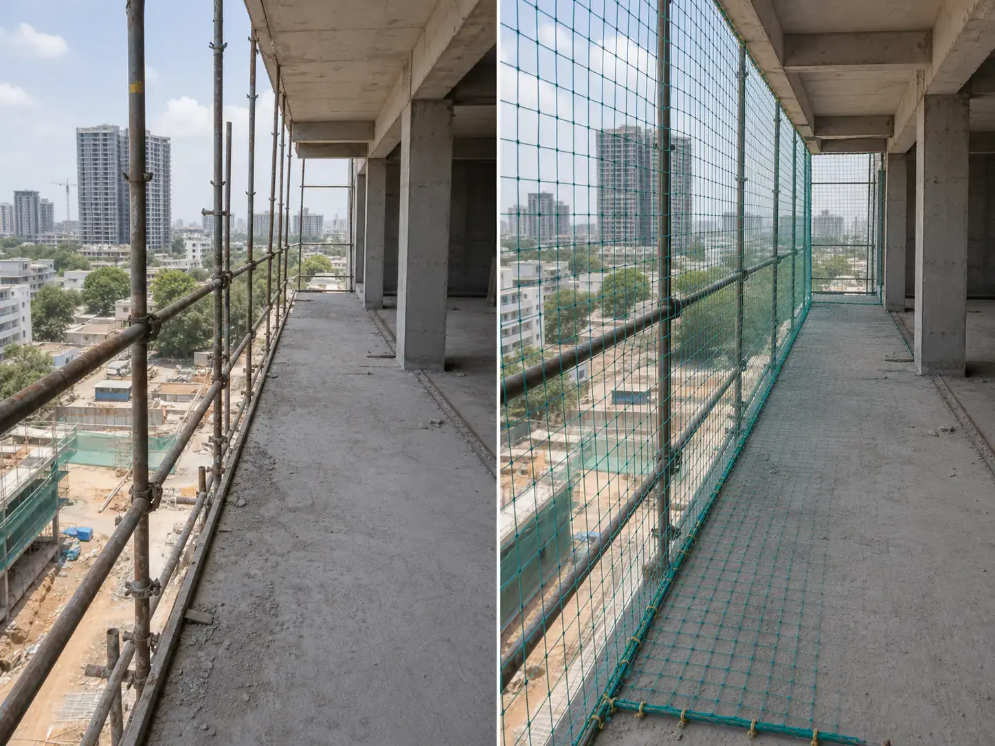Construction safety net before and after installation on a building site