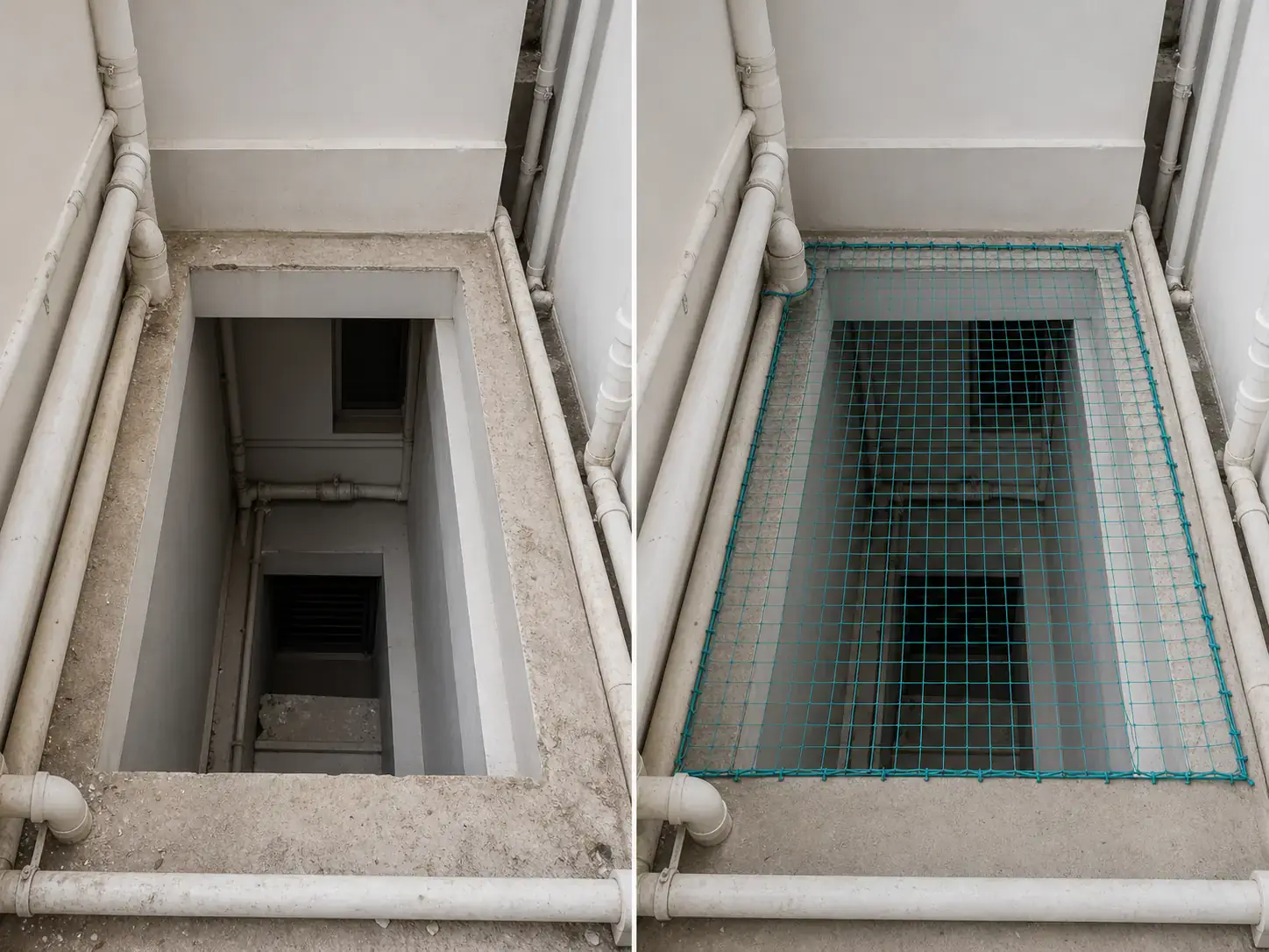 Duct area safety net before and after installation in an apartment shaft
