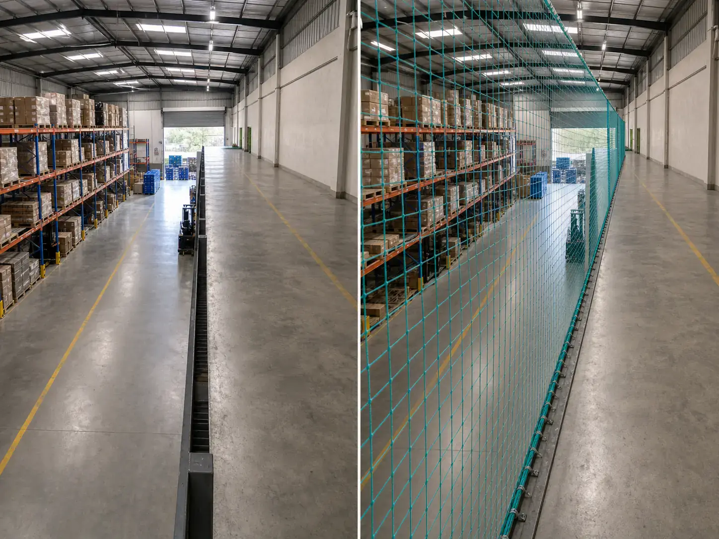 Industrial safety net before and after installation in a warehouse