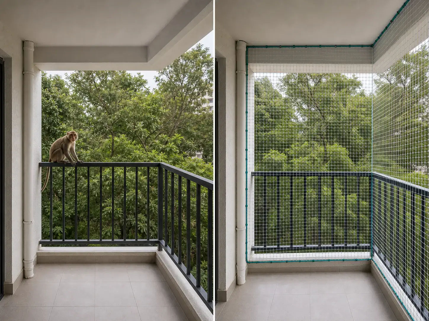 Monkey safety net before and after installation on a balcony