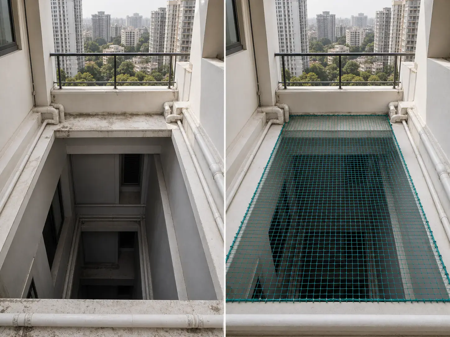 Open area safety net before and after installation over a terrace gap