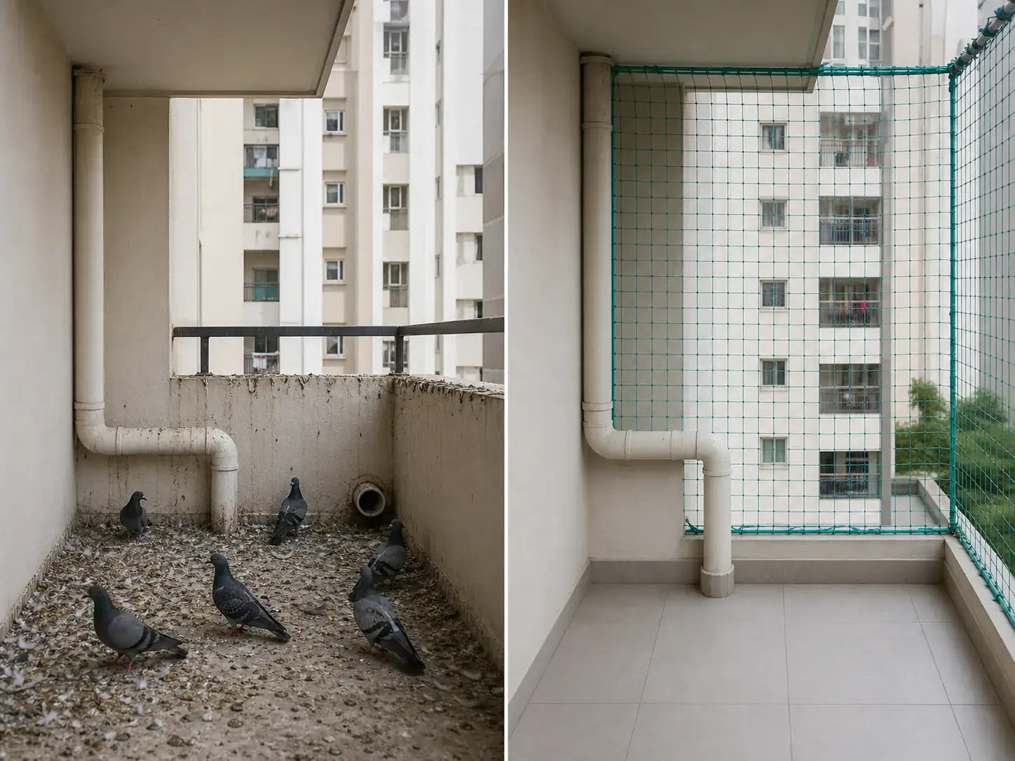 Pigeon safety net before and after installation in JP Nagar