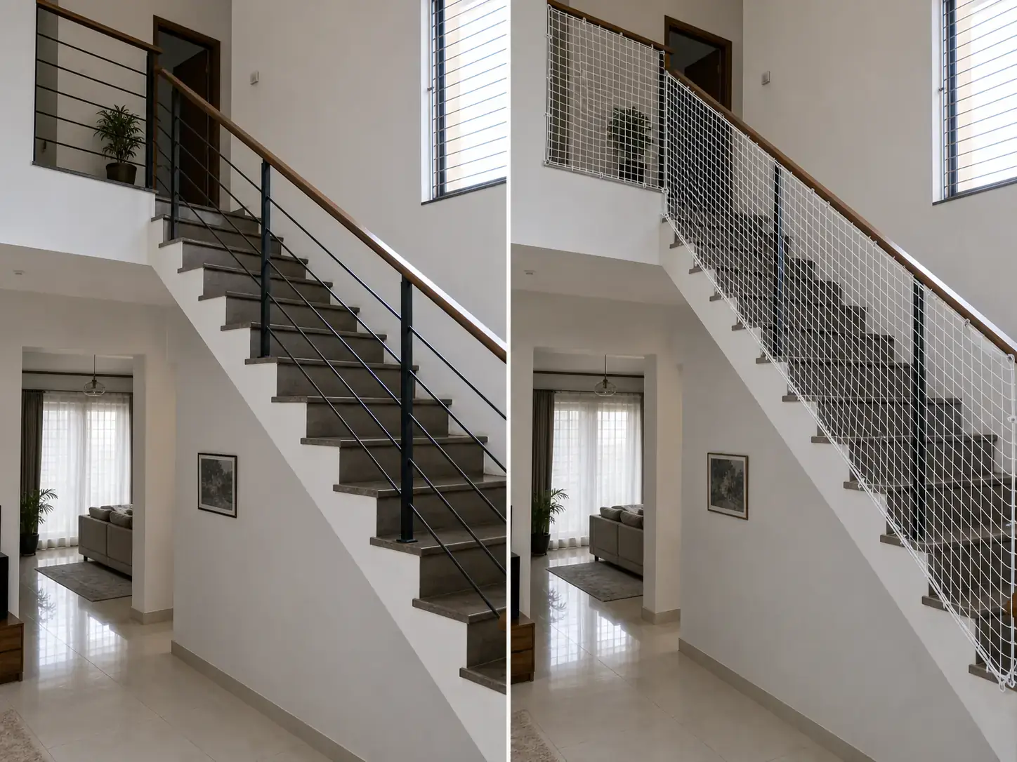 Staircase safety net before and after installation in a duplex home