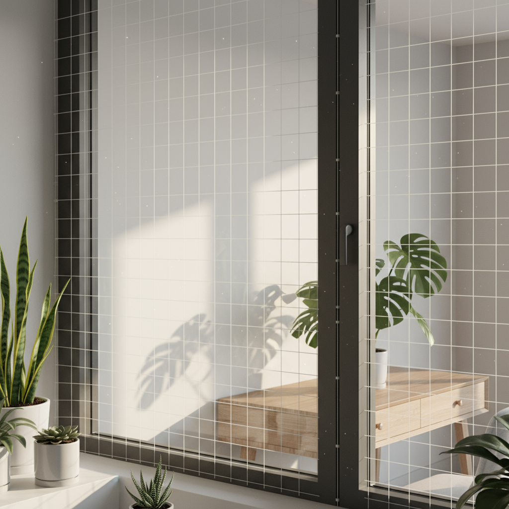 Fine safety mesh secured within a modern apartment window frame