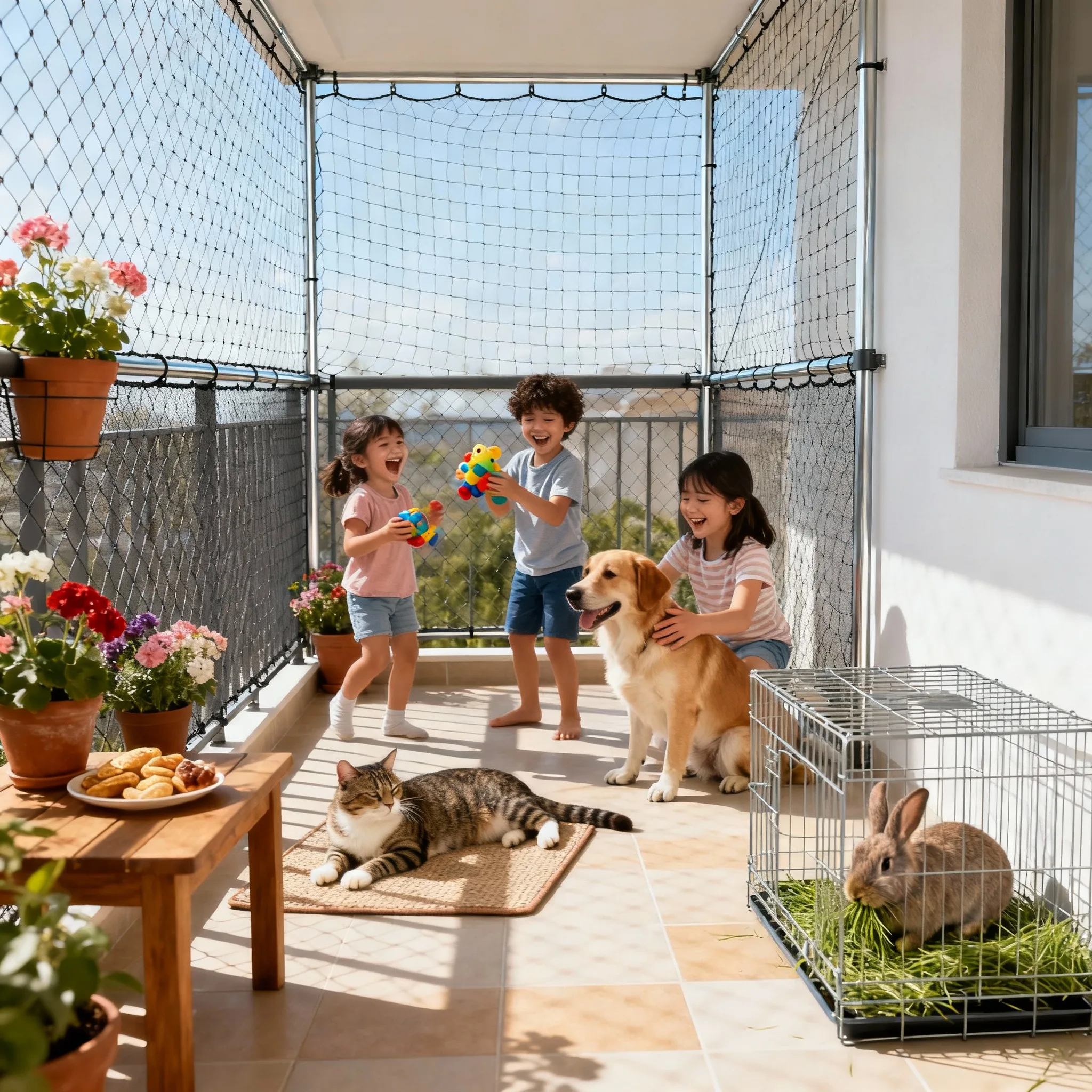 Household pets kept behind a secured balcony safety mesh